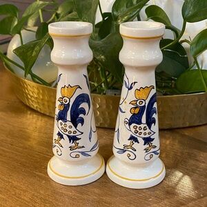Portugal Candlestick Holders Roosters Blue Cream Yellow Hand-painted Pottery